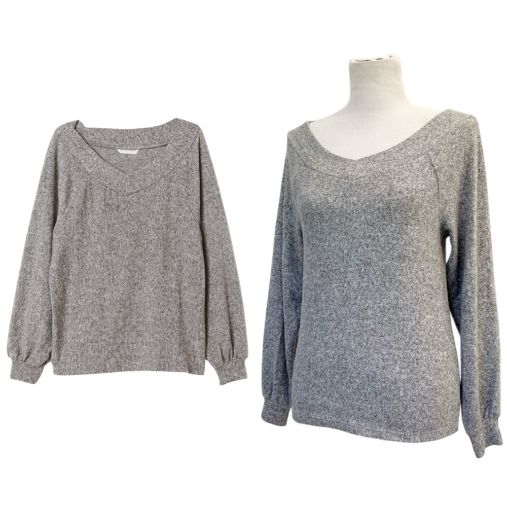 Off the Shoulder/Boat Neck Brushed Knit Longsleeve Top, H&M US XS, Marl Gray
